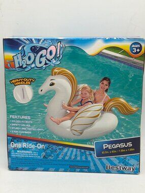 H2OGO! Pegasus Pool Float Ride-On 62.5" X 43" Ages 3+ Durable Vinyl With Golden